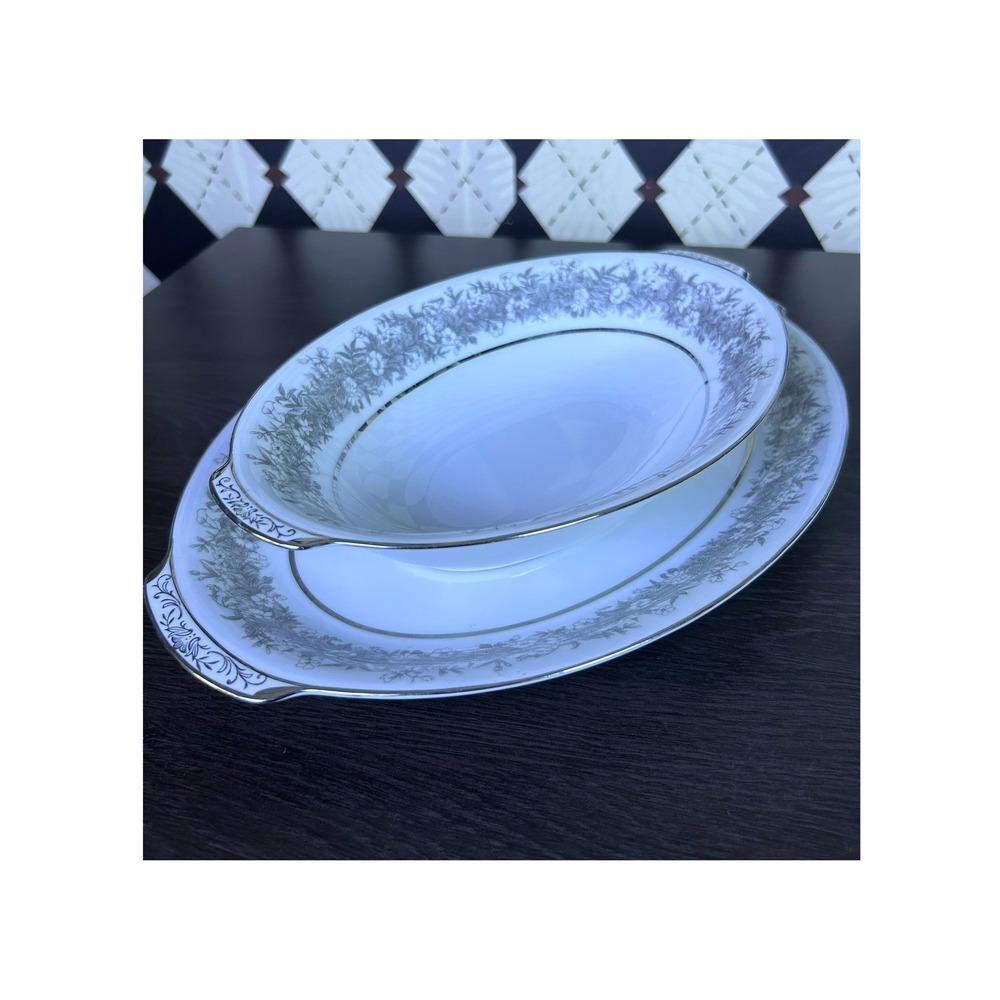 Sango Florentine Serving Set 14" Platter Casserole White Silver Floral